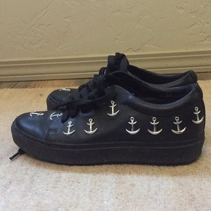ACNE black leather sneakers silver anchors 36